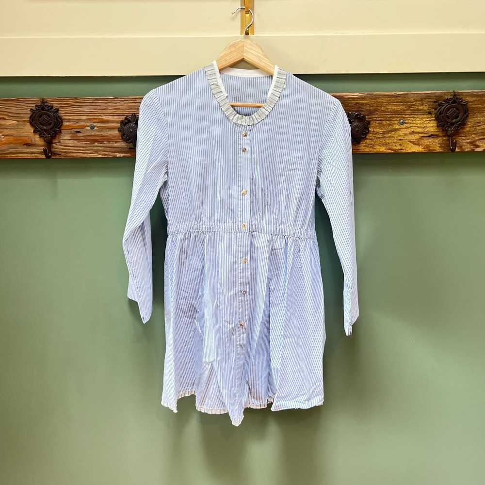 Cabbages & Roses  Blue White Pinstripe Ruffle Collar  Cotton Tunic Dress 14
